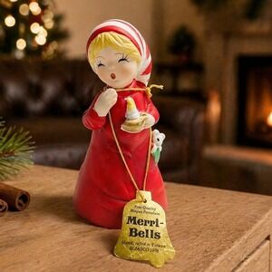 Jasco Merri-Bells Figurine Bell Vintage 4" Red White 1978‎ Bisque Porcelain Girl